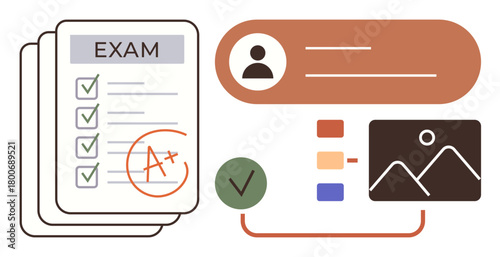 Student exam sheets with grades, user profile icon, gallery image preview, and data lists interconnected. Ideal for education, study tools, progress tracking, user profile creation, academic