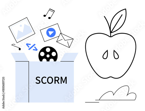 Open box labeled SCORM releasing files thumbs up videos, music, code, images, emails near apple symbolizing learning. Ideal for education, e-learning, knowledge sharing, content creation training