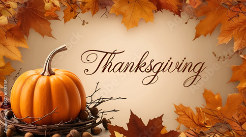Elegant Thanksgiving greeting card design, with a large orange pumpkin as the focal point, surrounded by autumn leaves and acorns, and a festive message in warm golden or white lettering, conveying 