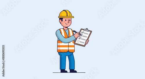 Cartoon construction worker checking clipboard flat vector.