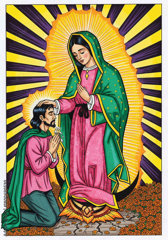 Fototapeta premium Religious Pop Art: Our Lady of Guadalupe and a Kneeling Devotee
