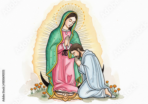 Watercolor Illustration of the Virgin of Guadalupe and a Devotee