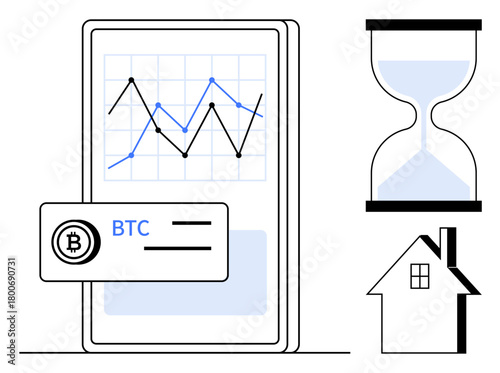 Mobile device displaying cryptocurrency trading chart and BTC transaction card, hourglass, and house icon. Ideal for finance, time, cryptocurrency, investment, real estate, market trends