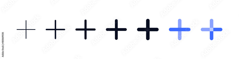 Fototapeta premium Plus add icon set , new, create icons in outline and solid variations, for creating new items, expanding menus, adding content, creation, zoom, mathematical interfaces, and modern UI controls.