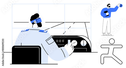 Pilot using control panel with VR headset, wall monitors in cockpit visual. Modern flight simulation and training. Ideal for aviation, technology, innovation, education, teamwork, safety precision