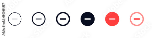 Minus remove icon set , stop sign. horizontal line, dash inside a circle in outline and solid for delete actions, reduce functions, deletion, quantity adjustment, and subtraction interface controls.