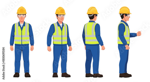Four views of a construction worker in blue overalls, yellow safety vest, and hard hat, shown from front, angled, back, and side perspectives.