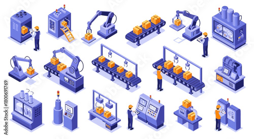 Isometric illustration showcasing automated factory processes with robots, conveyor belts, and workers in a modern production line.