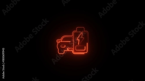 Orange neon electric car charging icon with battery symbol on black background image photo