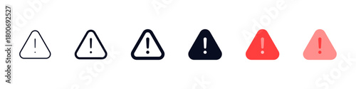 Warning triangle icon set | Hazard, exclamation mark icons , ideal for alerts, hazards, system notifications, and safety UI elements. featuring outline and solid variations