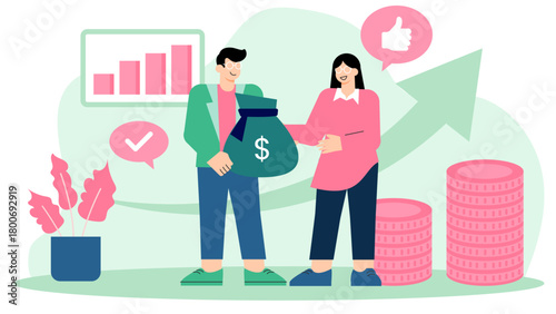 Flat Design Financial Success and Profit Sharing Flat Vector Illustration