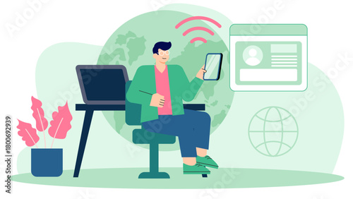 Flat Design Remote Business Team with Digital Tools Flat Vector Illustration