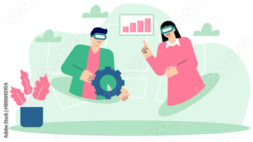 Flat Design Virtual Team Working in Metaverse Flat Vector Illustration