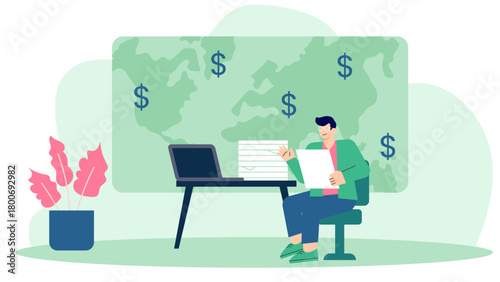 Flat Design Business People with World Map Background Flat Vector Illustration