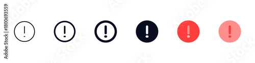Alert or Exclamation Mark icon set featuring simple circular designs in outline and solid styles, ideal for error, warning, notifications, attention prompts, and important system messages.