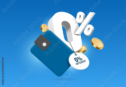 White 3D 0% number and gold coins or dollars floating in air into a blue wallet and circle promotion sign or tag hanging below. For free fee and free interest advertising design, vector 3d for design