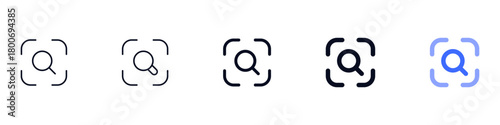 Search focus icon set , magnifying glass icon inside rounded corner brackets , Scan or Zoom Area icons , ideal for scanning tools, find functions, detection features, and for camera or search interfac