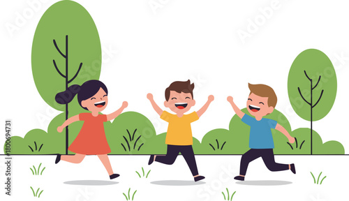 Three happy children running together in a park with green trees and grass on a white background with a joyful mood.