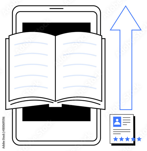 Open book displayed on a tablet with an upward arrow symbolizing progress, next to a user profile and rating. Ideal for education, e-learning platforms, growth, technology, mobile learning, digital