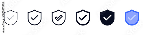Shield check icon set , Security' or 'Verified' icons , protection symbols with a verified checkmark, for security features, privacy tools, and trusted services. clean outline and solid styles