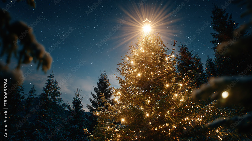 Naklejka premium Christmas tree with fairy light: A majestic Christmas tree stands adorned with twinkling fairy lights, illuminating the serene night sky, as gentle snowfall creates a magical atmosphere.