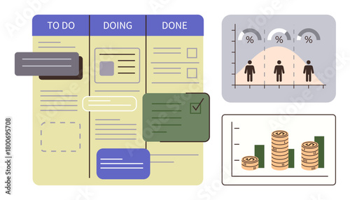 Task board highlighting project stages, bell curve showing progress percentages, and a bar graph with stacked coins showcasing financial growth. Ideal for project management, productivity, analytics