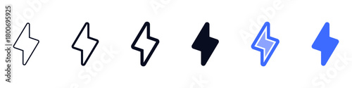 Lightning bolt or Flash icon set in outline and solid styles, ideal for speed, energy tools, power indicators, fast actions, boosts, notification interfaces, and UI elements.