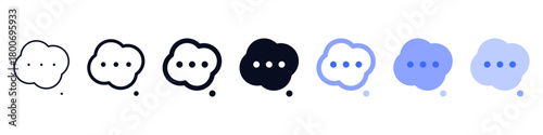 Thought bubble or thinking icon set ,  Typing or Cloud Message icons speech bubble with three dots, in outline and solid styles, ideal for ideas, thinking moments, chats, and creative messages.