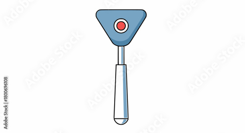 A blue and white triangular reflex hammer with a red circular center, used for neurological examinations.