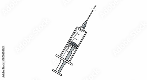 Black and white illustration of a medical syringe with a needle, filled with liquid, ready for injection.