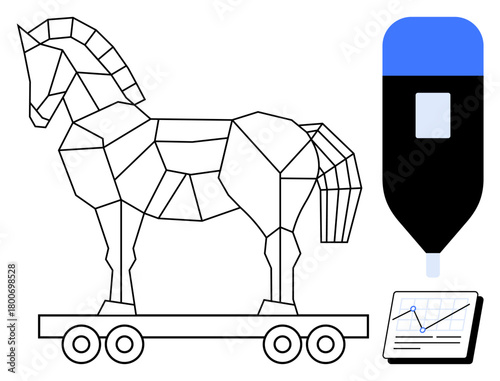 Geometric Trojan horse on wheels next to a stylized marker and a tablet with a graph. Ideal for strategy, creativity, design, analysis, innovation, planning, and abstract thinking. A simple flat