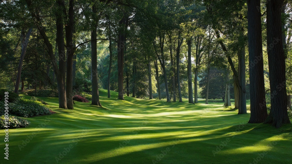 Obraz premium Verdant green lawn, framed by tall trees, bathed in sunlight