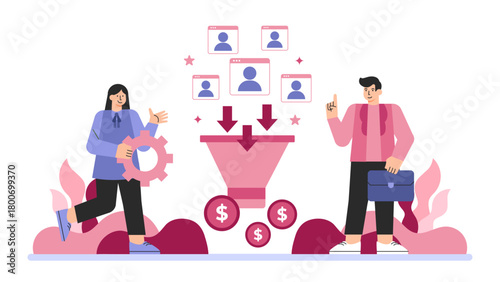 Business People Reviewing Sales Funnel Flat Vector Illustration