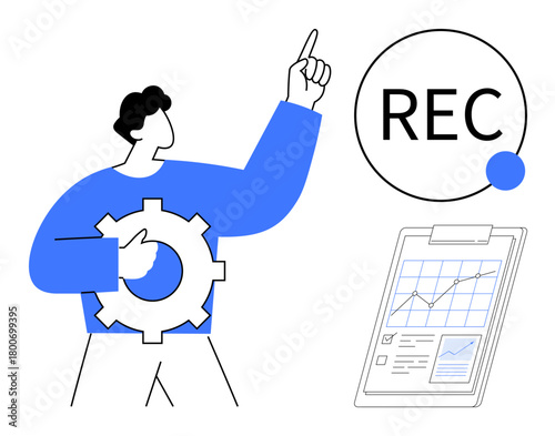 Person holding gear pointing upward, clipboard with chart, and a circular REC button. Ideal for teamwork, project management, data analysis, productivity, leadership, workflow simple flat metaphor