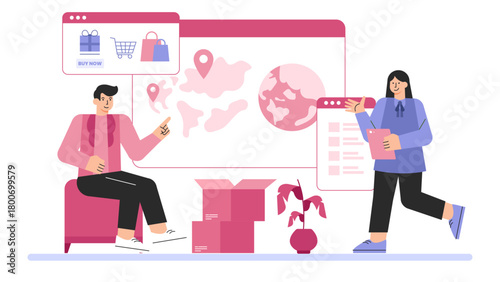 Business People Discussing Import-Export Documents Flat Vector Illustration