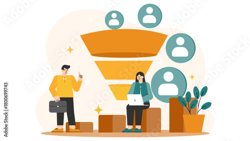 Business People Reviewing Sales Funnel Flat Vector Illustration