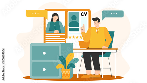 HR Manager Conducting Online Job Interview Flat Vector Illustration