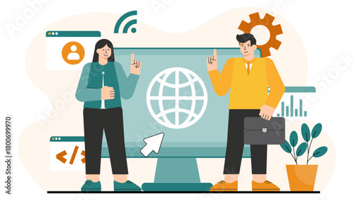 Flat Design Global Business Collaboration Online Flat Vector Illustration