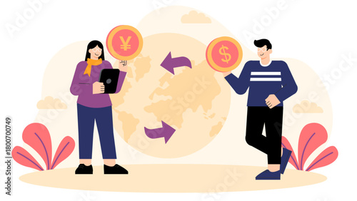 Flat Design International Business Currency Exchange Flat Vector Illustration