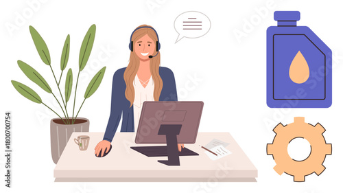 Female agent with headset at desk using desktop, next to plant, oil bottle, and gear. Ideal for support, workflow, business process, communication, teamwork solutions simple flat metaphor