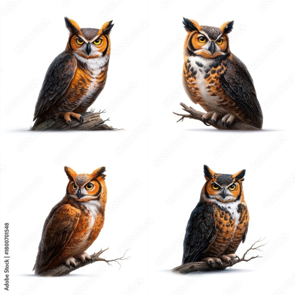 Fototapeta premium Great Horned Owls Collection on White Background