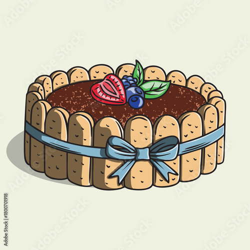 Illustration of Charlotte Cake with Berries and Mint Leaves on Top