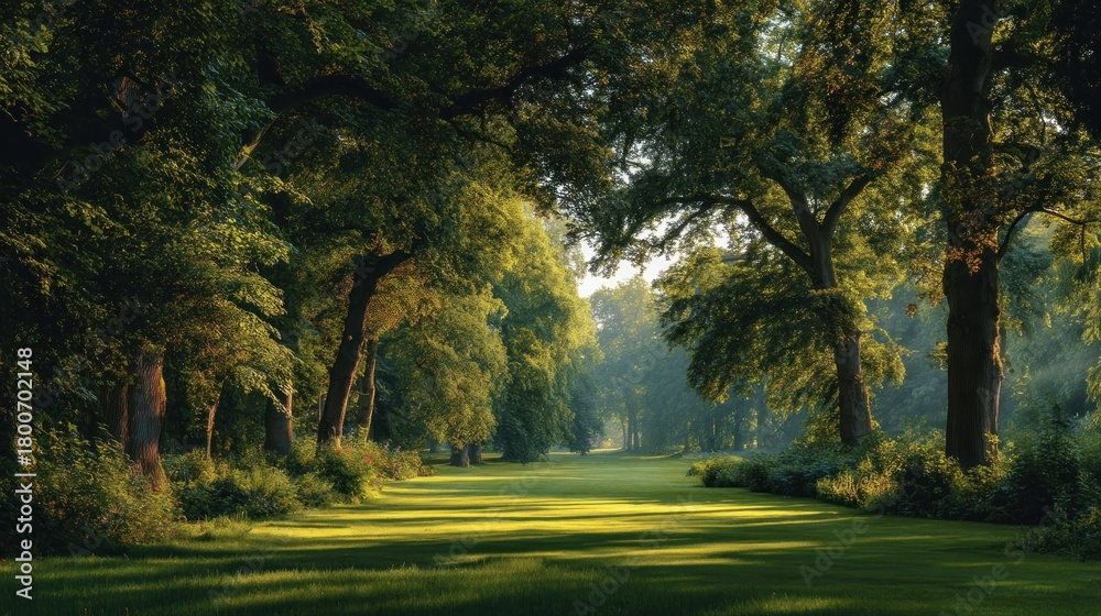 Obraz premium Sunlit path through a dense, verdant forest. Lush green trees line a grassy avenue, bathed in morning light