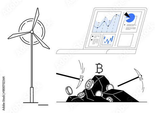 Wind turbine, laptop with data charts, and cryptocurrency mining with pickaxes and coins. Ideal for sustainable energy, alternative power, technology trends, blockchain, data analytics