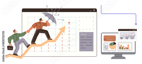 Two professionals ascending an arrow graph, one shielding with an umbrella, alongside a screen displaying charts. Ideal for business growth, teamwork, financial success, strategy, resilience