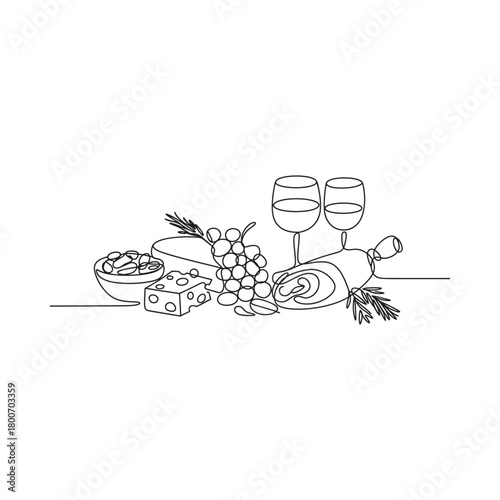 Elegant sketch of a wine and cheese platter with grapes