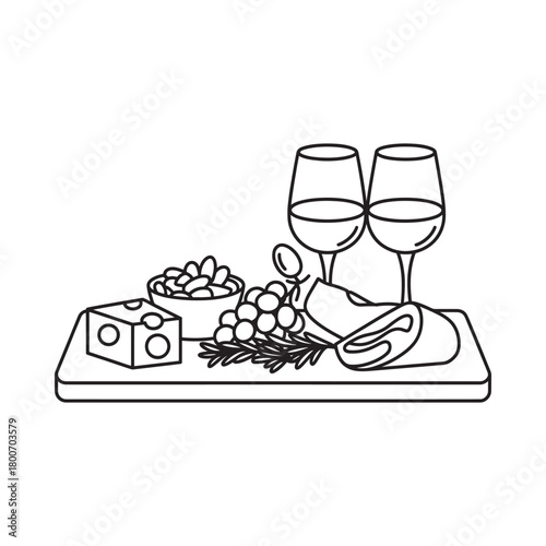 Hand drawn sketch of a cheese and wine platter with grapes and olives