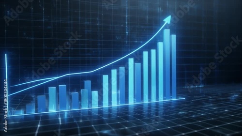 A digital blue bar chart representing growing business performance, futuristic hi-tech style