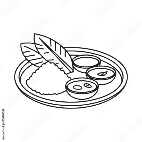 Simple line drawing of a traditional indian meal on a plate