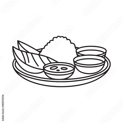 Simple line drawing of a traditional indian meal on a plate